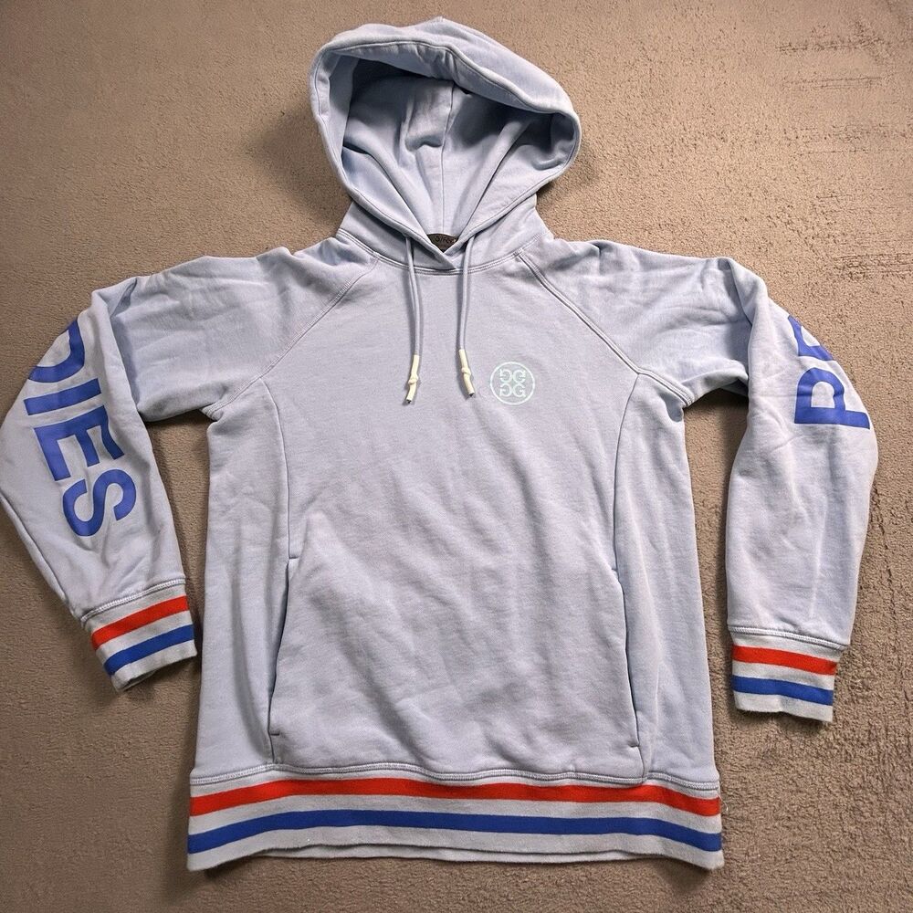 G/FORE Pray For Birdies Golf Hoodie Sweatshirt Small Light Blue Striped Cuff